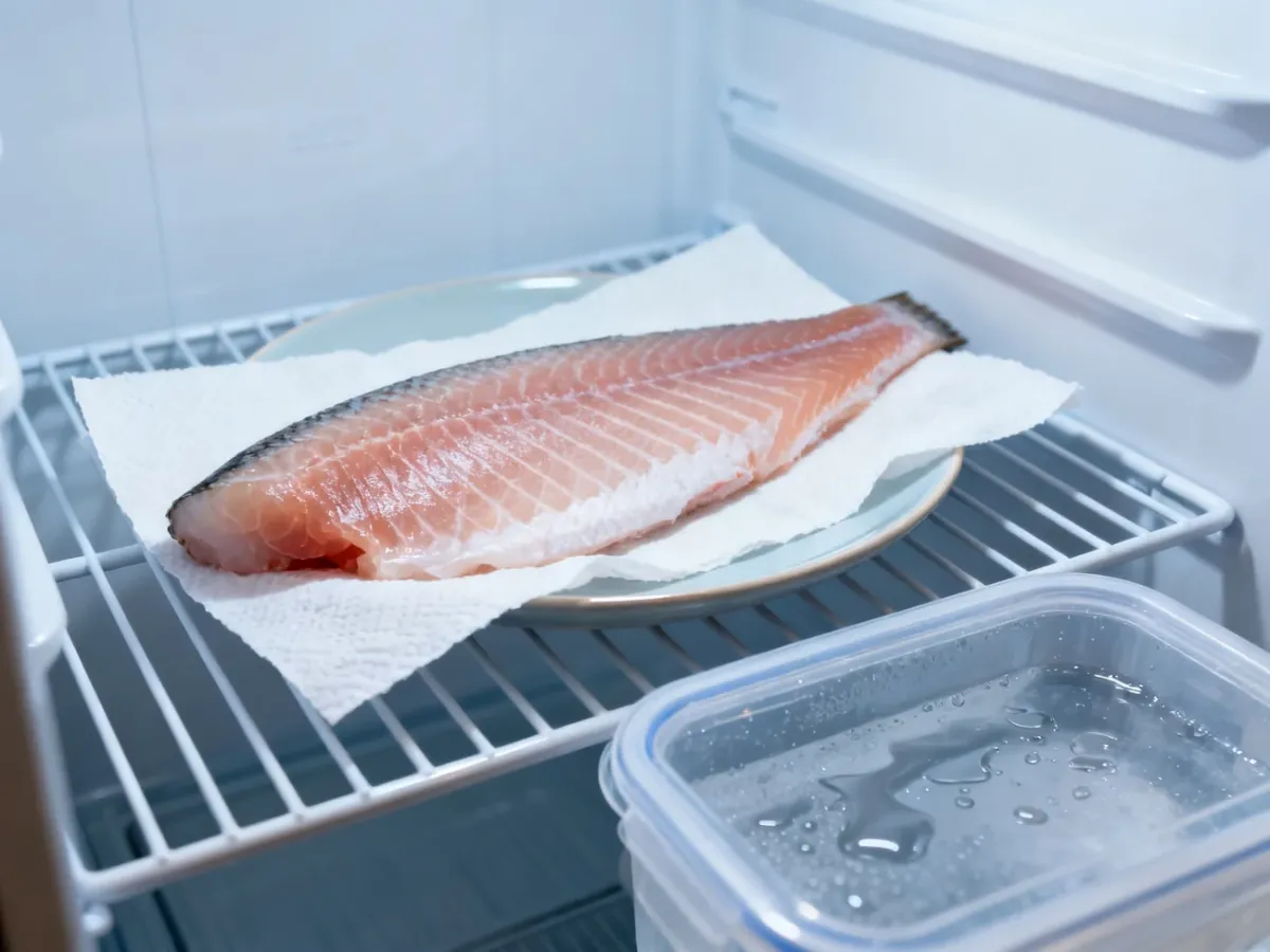 Filet rybny rozmrażany w lodówce na talerzu z wysokim brzegiem