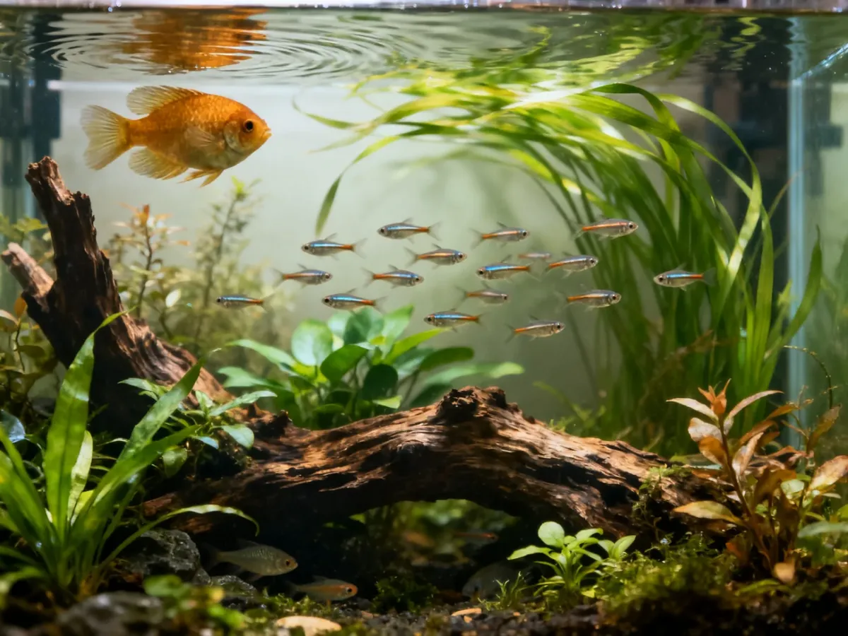 An Asian-themed aquarium with honey gourami and rasboras