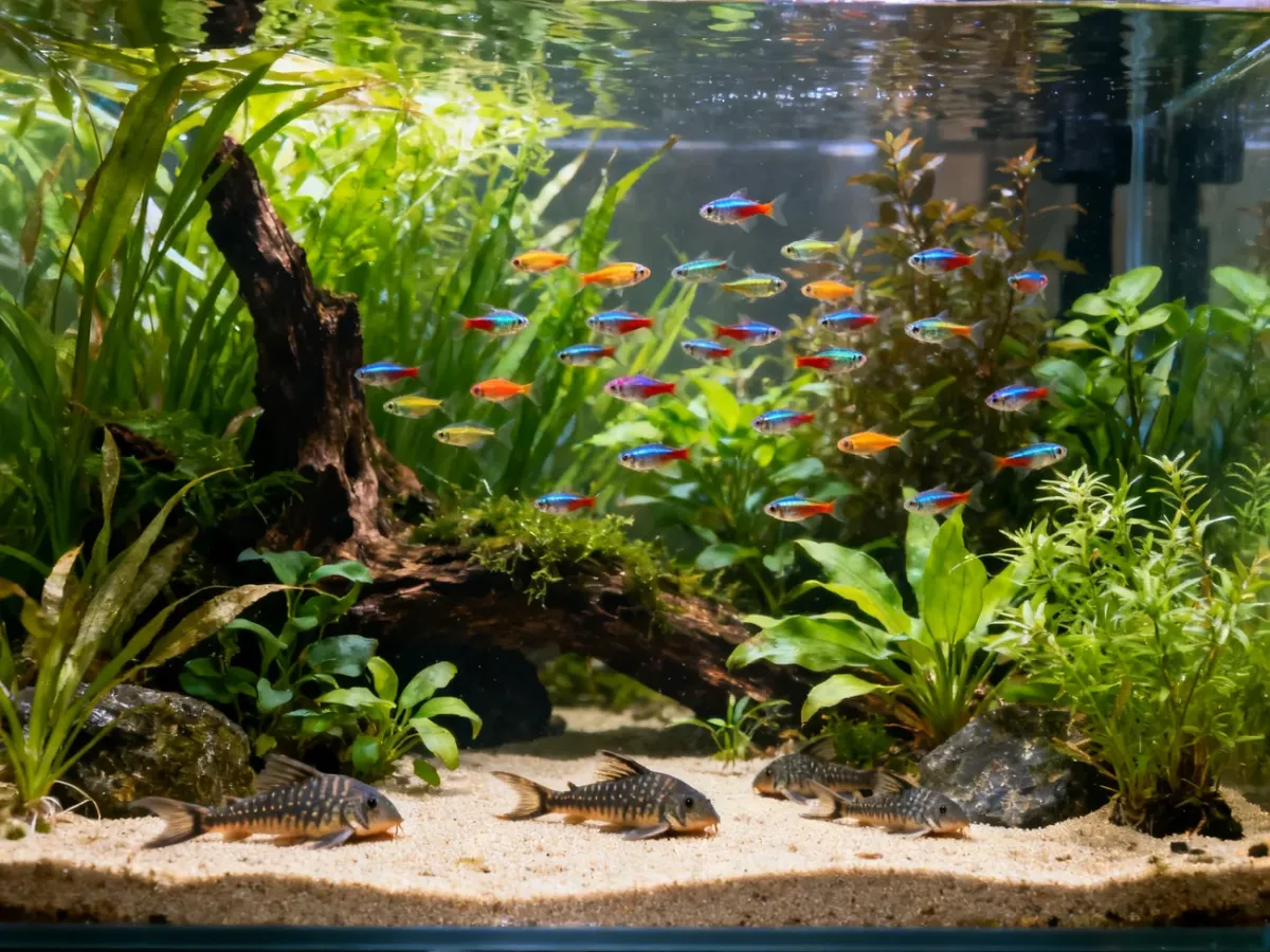 A balanced 100-liter community aquarium with small schooling fish and corydoras