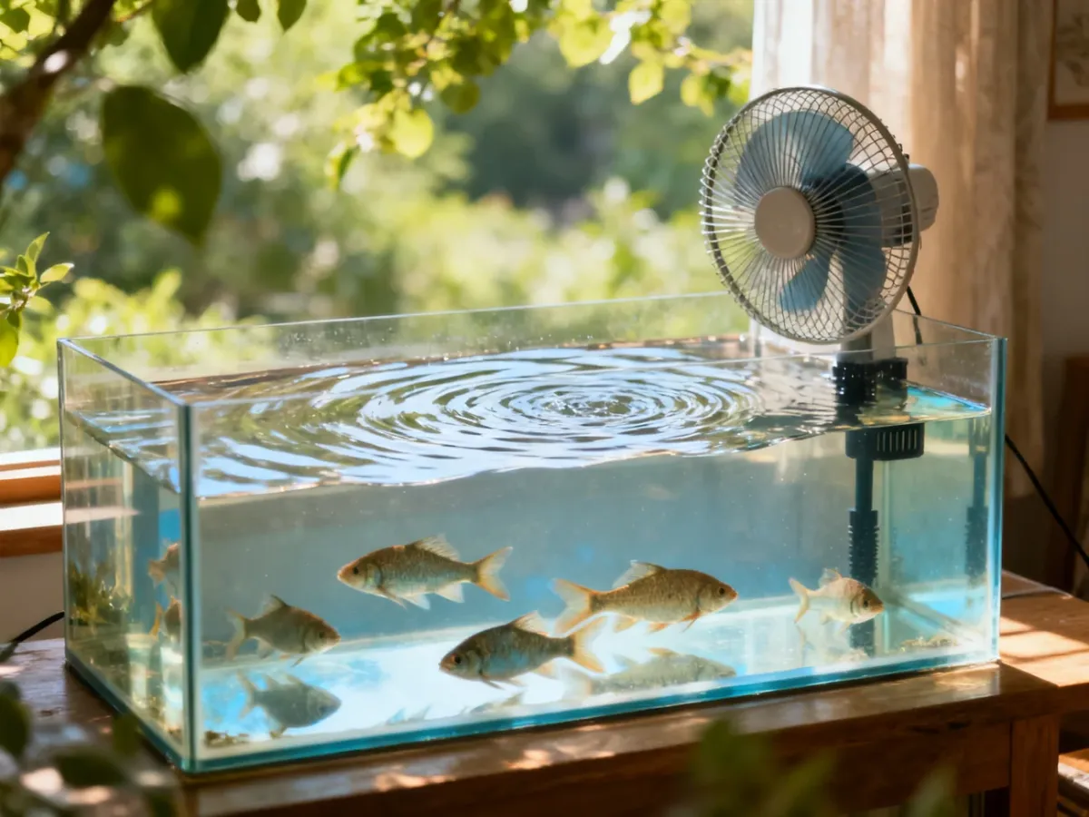 Aquarium fan helping cool a fish tank during summer