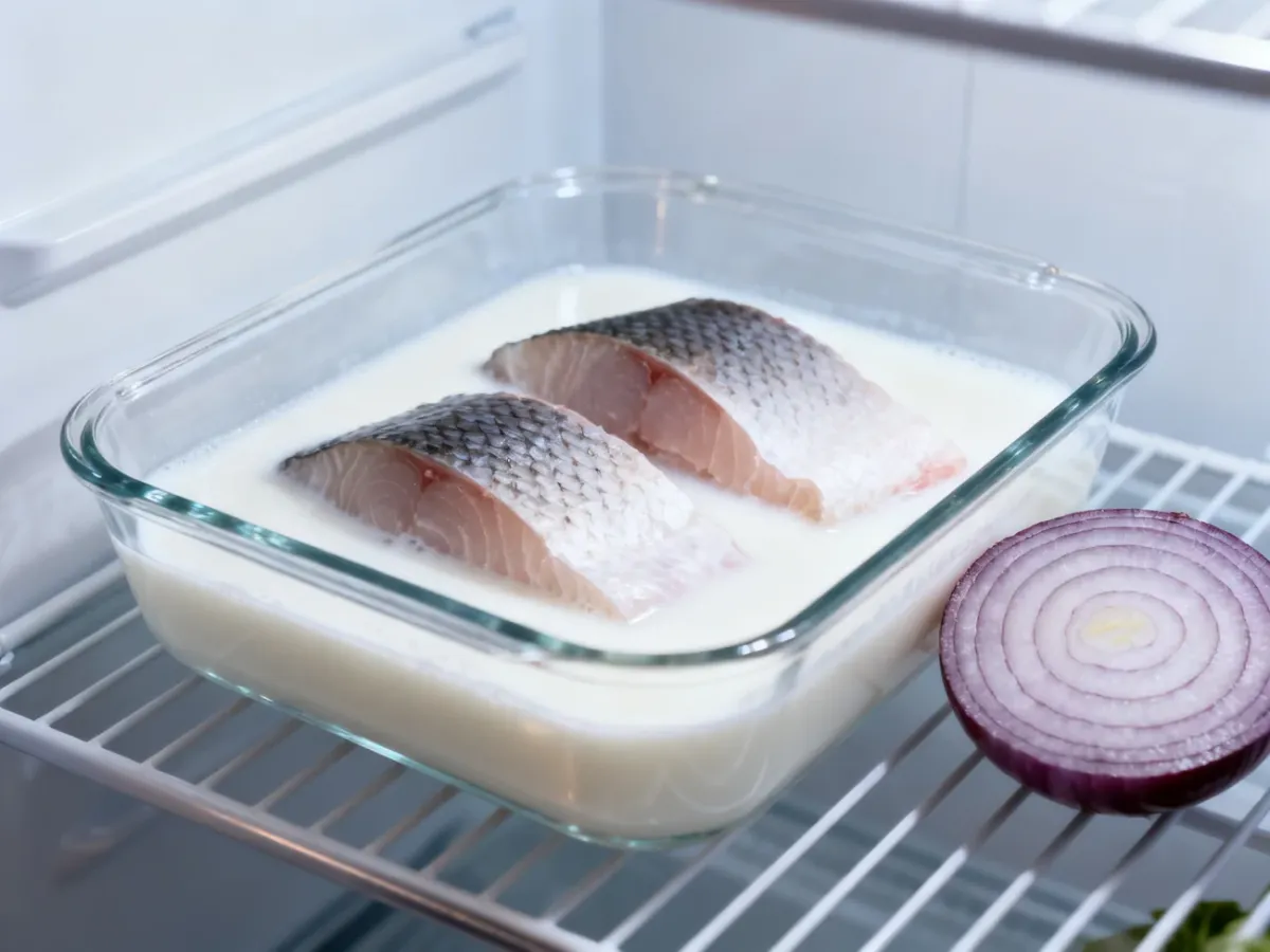 Kawałki ryby moczone w mleku z cebulą w lodówce