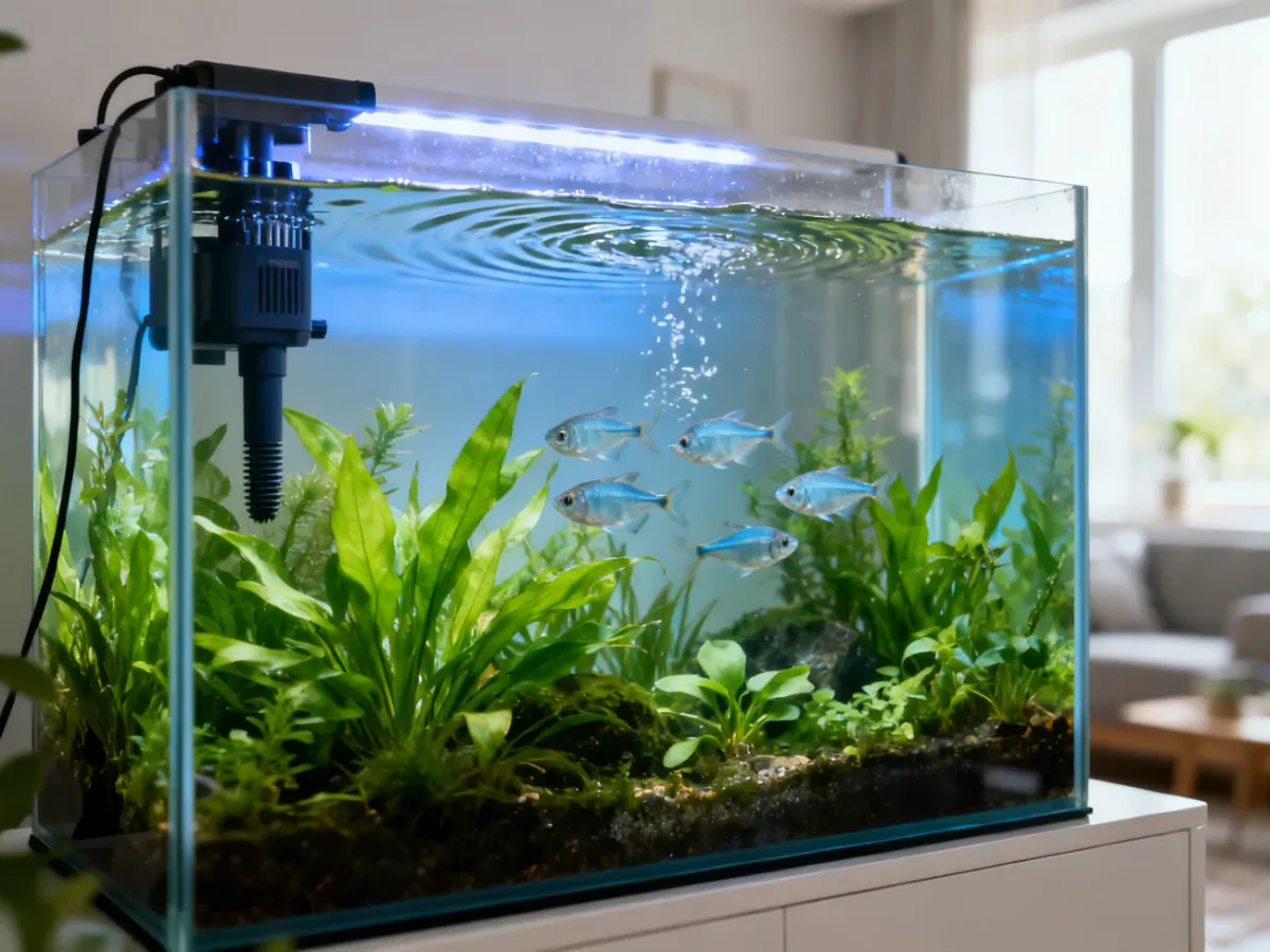 A planted cool-water aquarium without a heater and with an active filter
