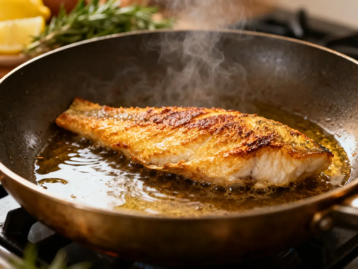 Rumiany filet ryby smażony na rozgrzanej patelni
