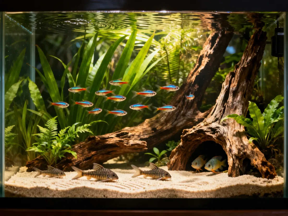 A South American community aquarium with neon tetras, corydoras and dwarf cichlids