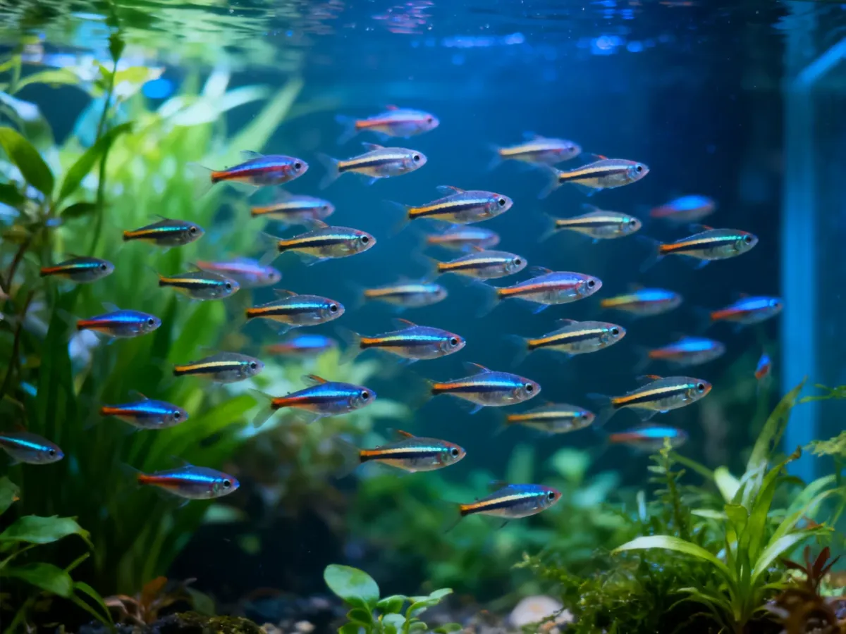 Ławica neonów i danio pływających w akwarium