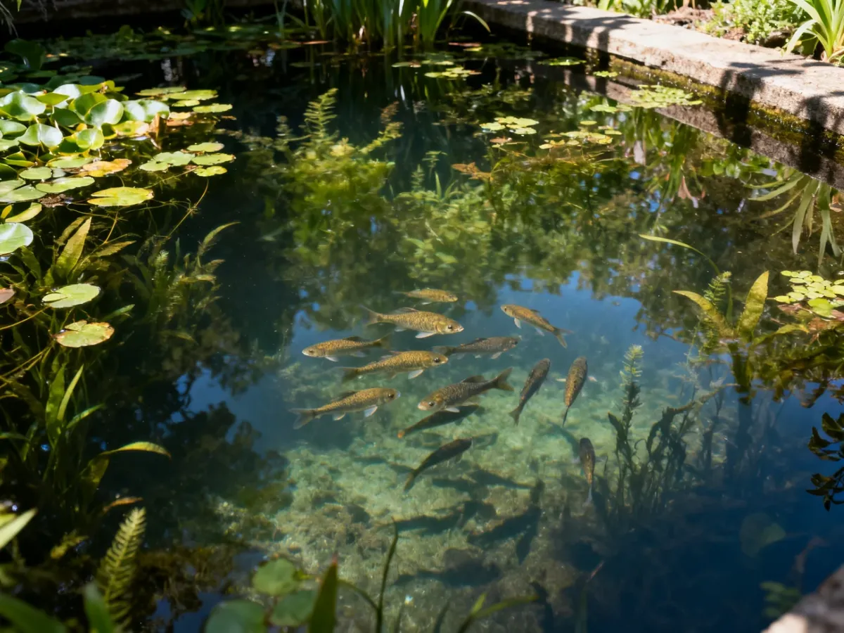 Naturalny staw z rybami, gęstą roślinnością i zacienionym brzegiem