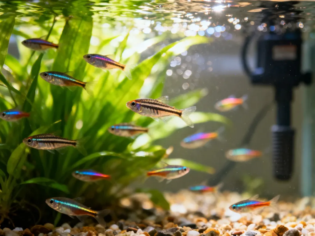 Stado danio pręgowanych i neonów innesa pływające wśród bujnej roślinności w czystym akwarium słodkowodnym.