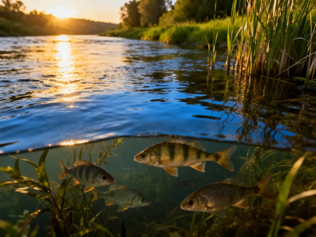 Spokojna tafla Odry w promieniach zachodzącego słońca z widocznymi pod powierzchnią wody rybami słodkowodnymi.