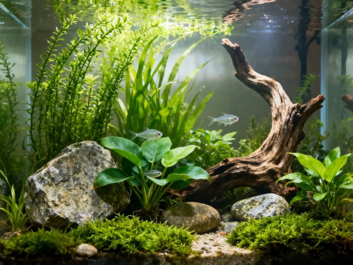 Aquatic plants providing shelter in a cool-water aquarium