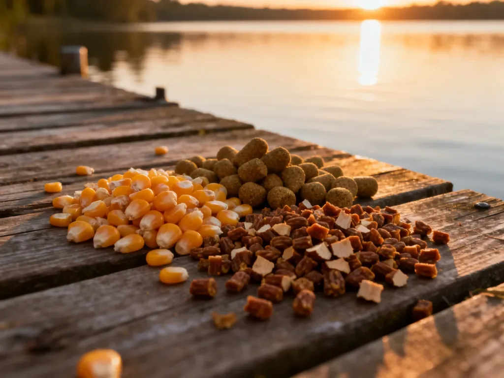 Kukurydza, pellet i orzechy tygrysie na drewnianym pomoście w blasku zachodzącego słońca, idealne jako zanęta na amura.